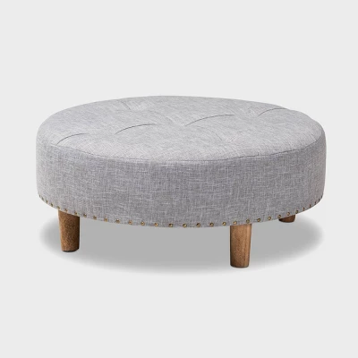 Baxton Studio Vinet Natural Wood Cocktail Ottoman Gray: Modern Upholstered Round Coffee Table, 250lb Capacity 4 Baxton Studio Vinet Natural Wood Cocktail Ottoman Gray: Modern Upholstered Round Coffee Table, 250lb Capacity - Image 4