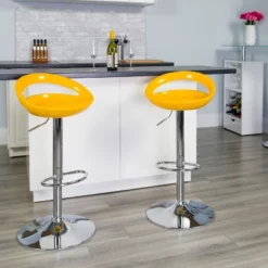 Emma And Oliver 2 Pack Contemporary Plastic Adjustable Height Barstool With Rounded Cutout Back And Chrome Base