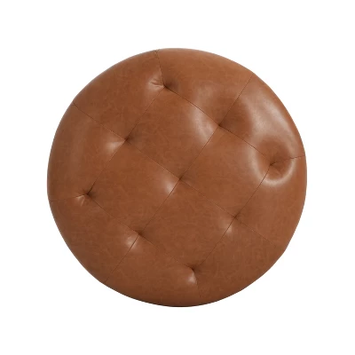 Christopher Knight Home Rafael Modern Button Tufted Faux Leather Round Ottoman, Light Brown 4 Christopher Knight Home Rafael Modern Button Tufted Faux Leather Round Ottoman, Light Brown - Image 4