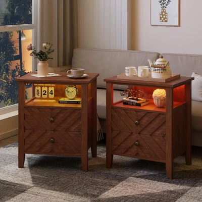 Night Stand With 2 Storage Drawers, Farmhouse Nightstand W/V-Shaped Design & Open Storage Shelf, Wooden Rustic Bedside Table 8 Night Stand With 2 Storage Drawers, Farmhouse Nightstand W/V-Shaped Design & Open Storage Shelf, Wooden Rustic Bedside Table - Image 8