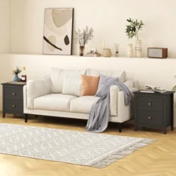 Tangkula Modern Nightstand W/ Storage 2 Drawers & Support Legs For Bedroom Black -Baxton Studio Sale Shop GUEST 23807bda a75d 41da 8e59 446deba8c488