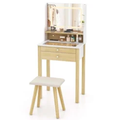 Costway Small Vanity Desk Set With Adjustable LED Lighted Mirror And Power Outlets White
