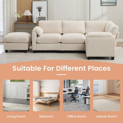 Corduroy Modular Sectional Sofa With Movable Ottoman, U-Shape Upholstered Comfy Couch With Two-Layer Seat Cushion For Living Room 5 Corduroy Modular Sectional Sofa With Movable Ottoman, U-Shape Upholstered Comfy Couch With Two-Layer Seat Cushion For Living Room - Image 5