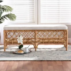 Orchard Fabric Upholstered And Rattan Bench White/Natural - Bali & Pari -Baxton Studio Sale Shop GUEST 269bc041 f102 4317 bb39 3686923d5a68