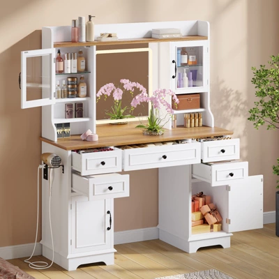 Vanity Desk With LED Lighted Mirror, Makeup Vanity Table With 5 Drawers, 4 Doors, And 3 Storage Shelves For Bedroom, Dressing Room 5 Vanity Desk With LED Lighted Mirror, Makeup Vanity Table With 5 Drawers, 4 Doors, And 3 Storage Shelves For Bedroom, Dressing Room - Image 5