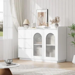 Sideboard Buffet Cabinet With Glass Doors, 48" Large Kitchen Buffet Table With 3 Drawers, Coffee Bar Storage Cabinet -Baxton Studio Sale Shop GUEST 2a02facc 04d1 40ee b85d 579fe1ca0229