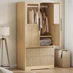 Bedroom Wooden Armoire Wardrobe Closet, Freestanding Large Wardrobe Armoire Cabinet With Glass Doors And 2 Drawers, Shelves & Hanging Rod For Bedroom -Baxton Studio Sale Shop GUEST 2aebdc06 39dd 4dff bfce 8bf9e2fa9c6e