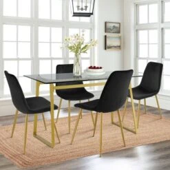 Mona+Bingo 5 Piece Gold Rectangular Clear Tempered Transparent Glass Table With 4 Upholstered Side Chairs-Maison Boucle -Baxton Studio Sale Shop GUEST 2c3a1747 04c1 4162 86c5 e97208ca50d1