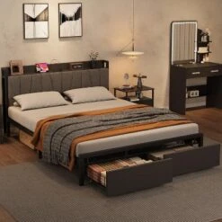 Bed Frame With Storage Headboard, Industrial Platform Bed With 2 Large Drawers And Charging Station, Black No Box Spring Needed Bed Frame -Baxton Studio Sale Shop GUEST 2c8dc98d 2e33 4195 9e25 be2cb0bd5581