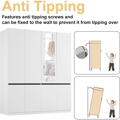 TIRAMISUBEST White 4-Door Wardrobe With Mirror - Freestanding Armoire Closet With 2 Hanging Rods For Bedroom Storage (74"H) 7 TIRAMISUBEST White 4-Door Wardrobe With Mirror - Freestanding Armoire Closet With 2 Hanging Rods For Bedroom Storage (74"H) - Image 7