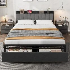 Bed Frame With Storage Headboard, Industrial Platform Bed With 2 Large Drawers And Charging Station, Black No Box Spring Needed Bed Frame -Baxton Studio Sale Shop GUEST 2d67211e 0f5e 4988 9b23 980e8ea60303