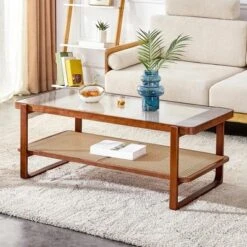 Modern Rattan Coffee Table,Rectangular Center Table With Tempered Glass Tabletop,2 Tier Wood Tea Table For Living Room Office Bedroom -Baxton Studio Sale Shop GUEST 2ef87846 8509 4249 8db6 88fdb43b2cdd