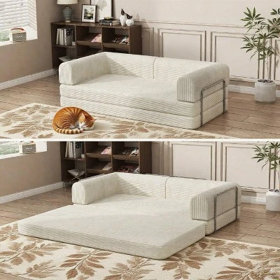 Convertible Corduroy Sleeper Sofa Bed, 3-Seater Folding Futon Couch With Fixed Frame, King Size Fold Out Floor Sofa, No Assembly Couch 7 Convertible Corduroy Sleeper Sofa Bed, 3-Seater Folding Futon Couch With Fixed Frame, King Size Fold Out Floor Sofa, No Assembly Couch - Image 7