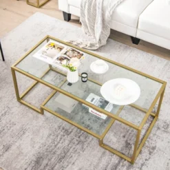 Costway 45'' Coffee Table Rectangular Tempered Glass Accent Table W/ Shelf Living Room