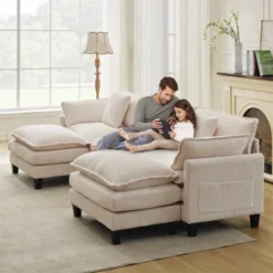 Garvee Modular Sectional Sofa, 3 Seater Corduroy Couch With Ottoman & Throw Pillows, Modern L-Shaped Sofa, For Living Rooms, Offices, Grey -Baxton Studio Sale Shop GUEST 30cb7ecd 30d4 405b a58b 90740a7e0d06