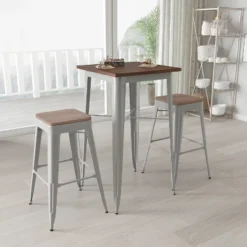 Merrick Lane 3 Piece Bar Table And Stools Set With 23.5" Square Silver Metal Table With Wood Top And 2 Matching Bar Stools