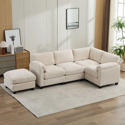 Corduroy Modular Sectional Sofa With Movable Ottoman, U-Shape Upholstered Comfy Couch With Two-Layer Seat Cushion For Living Room 10 Corduroy Modular Sectional Sofa With Movable Ottoman, U-Shape Upholstered Comfy Couch With Two-Layer Seat Cushion For Living Room - Image 10