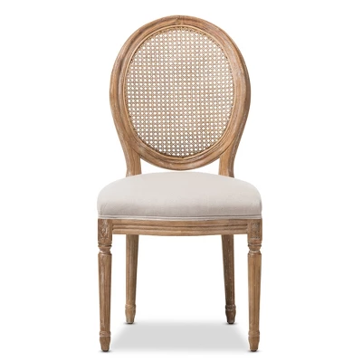 Adelia French Vintage Cottage Weathered Oak Wood Finish And Fabric Upholstered Dining Side Chair With Round Cane Back - Beige - Baxton Studio 1 Adelia French Vintage Cottage Weathered Oak Wood Finish And Fabric Upholstered Dining Side Chair With Round Cane Back - Beige - Baxton Studio