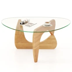 Tangkula Triangle Coffee Table W/ Tempered Glass Top & Adjustable Rubber Wood Base -Baxton Studio Sale Shop GUEST 3230405b 9d38 40c3 b828 01a79942703d