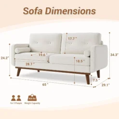 Mid Century Modern Couch, 65" Loveseat Sofa, Comfy Love Seat Couches For Living Room, Deep Seat Couch Linen Upholstered Sofas For Bedroom Office