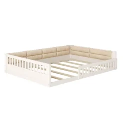 Full Size Upholstered Platform Bed Frame, Toddler Beds With Guardrail And Pillow 4W, Beige/Gray -ModernLuxe -Baxton Studio Sale Shop GUEST 3526a439 40e9 45d6 8c06 e1ad20e46ce1