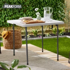 Peakform Multipurpose Banquet Squared Table Lightweight Folding Durable Desk With Secure Base For Indoor And Outdoor Events, 34 Inch, White