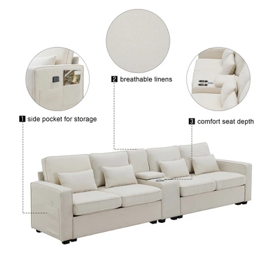 114.2" Modern Linen Upholstered Sofa With Console, 2 Cup Holders, 2 USB Ports, Wireless Charging And 4 Pillows - ModernLuxe 8 114.2" Modern Linen Upholstered Sofa With Console, 2 Cup Holders, 2 USB Ports, Wireless Charging And 4 Pillows - ModernLuxe - Image 8