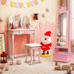 Kids Jewelry Armoire Cabinet With Full-Length Mirror, 46" Jewelry Armoire With Led Light, Jewelry Organizer With 3 Storage Drawers -Baxton Studio Sale Shop GUEST 372aeb04 47da 4e25 8733 2213ab563ffb