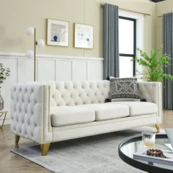 Living Room Modern Velvet Sofa With Button Tufted Square Arms And Metal Legs - ModernLuxe -Baxton Studio Sale Shop GUEST 38c95256 5ae5 4c8b af6a 419fc22c01fb