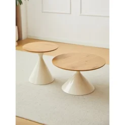 2-Piece Modern Round Coffee Table Set With Brown Wood Veneer Top And White Metal Cone Base For Living Room-Baofuwish -Baxton Studio Sale Shop GUEST 38eea216 3836 479e bb86 53a614ad4414