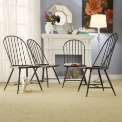 Set Of 4 Raelyn Two-Tone Spindle Windsor Dining Chairs Black - Inspire Q