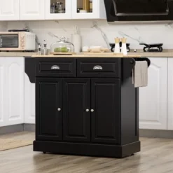 HOMCOM Triple-Cabinet Kitchen Island On Wheels That Remove, Kitchen Storage Cabinet With Drawers & Countertop, Rolling Utility Cart In Wood, Black