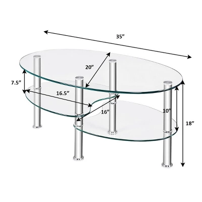 Costway Tempered Glass Oval Side Coffee Table Shelf Chrome Base Living Room Clear 2 Costway Tempered Glass Oval Side Coffee Table Shelf Chrome Base Living Room Clear - Image 2