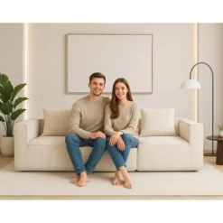 CAVINAS Multi Comfy Corduroy Sofa With Horizontal Texture Design,Indoor Compression 3-Seater Sofa Set,Sofa Couch For Living Room Furniture