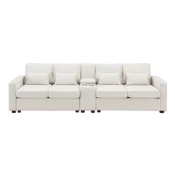 114.2" Modern Linen Upholstered Sofa With Console, 2 Cup Holders, 2 USB Ports, Wireless Charging And 4 Pillows - ModernLuxe