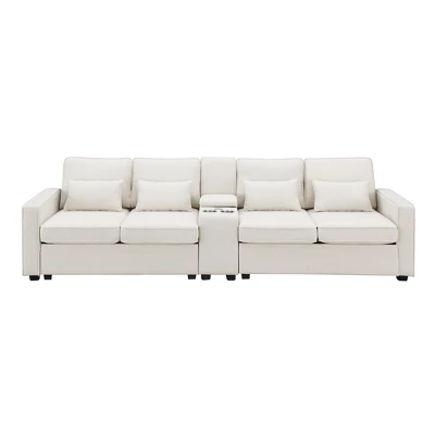 114.2" Modern Linen Upholstered Sofa With Console, 2 Cup Holders, 2 USB Ports, Wireless Charging And 4 Pillows - ModernLuxe 1 114.2" Modern Linen Upholstered Sofa With Console, 2 Cup Holders, 2 USB Ports, Wireless Charging And 4 Pillows - ModernLuxe