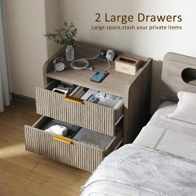 Boersma Fluted Nightstand Set Of 2, 23" Modern Night Stand With Charging Station,Side Table With 2 Drawers,End Table With Storage,Farmhouse Sofa 2 Boersma Fluted Nightstand Set Of 2, 23" Modern Night Stand With Charging Station,Side Table With 2 Drawers,End Table With Storage,Farmhouse Sofa - Image 2