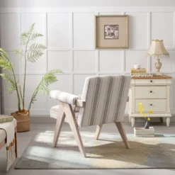 Megan 27.56" Wide Striped Upholstered Seat And Lumbar Pillow With Oak "V" Shape Solid Wood Legs Accent Chair With Arm Pads-The Pop Maison -Baxton Studio Sale Shop GUEST 3ea7aa64 4e1d 46b1 aa26 91c8864f42e5