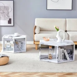 Modern Hexagon Coffee Table Set With Open Storage,2-Piece Wood Grain Marble Pattern MDF Sofa Side Tables For Living Room-Baofuwish -Baxton Studio Sale Shop GUEST 3efe0166 68c5 4745 bc02 30e5ee0b774d