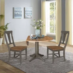 42" Round Dual Drop Leaf Dining Table With 2 Panel Back Chairs Hickory/Washed Coal - International Concepts -Baxton Studio Sale Shop GUEST 3f47d4f1 e810 4395 8a39 048fa898039c