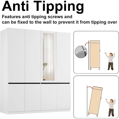 TIRAMISUBEST 74" White 4-Door Wardrobe With Mirror - Freestanding Armoire Closet With 2 Hanging Rods For Bedroom Storage (74.8"H) 6 TIRAMISUBEST 74" White 4-Door Wardrobe With Mirror - Freestanding Armoire Closet With 2 Hanging Rods For Bedroom Storage (74.8"H) - Image 6