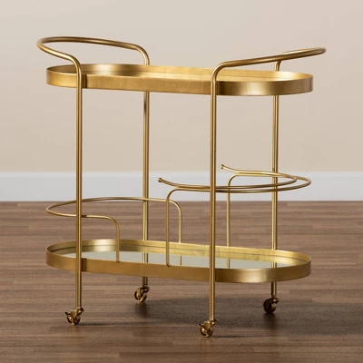 Kamal Glam Brushed Metal And Mirrored Glass 2 Tier Mobile Wine Bar Cart Gold - Baxton Studio 6 Kamal Glam Brushed Metal And Mirrored Glass 2 Tier Mobile Wine Bar Cart Gold - Baxton Studio - Image 6
