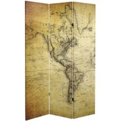 6" Double Sided Vintage World Map Canvas Room Divider Beige - Oriental Furniture