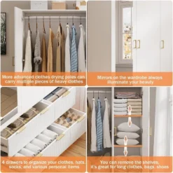 PAKASEPT 47"Wide White Armoire Wardrobe Closet With 3 Door, Mirror, LED Lights, Hanging Rod And 6 Drawers -Baxton Studio Sale Shop GUEST 425bda36 325c 49d6 97e7 809c0070f09a