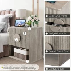 Fluted Nightstand With Charging Station - 2 Drawers + Open Shelf, Modern Wood Bedside Table For Bedroom & Living Room Storage -Baxton Studio Sale Shop GUEST 42bc15d4 9314 49ee bdf5 41e23c66835e