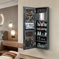 Costway Door Wall Mount Touch Screen LED Light Mirrored Jewelry Cabinet Storage White/Coffee/Black