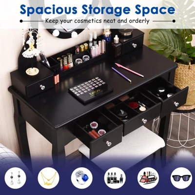 Tangkula Vanity Table Makeup Dresser Desk W/LED Light Drawers & Stool Black/Brown/White 6 Tangkula Vanity Table Makeup Dresser Desk W/LED Light Drawers & Stool Black/Brown/White - Image 6
