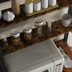 HOMCOM Kitchen Bakers Rack, Microwave Stand, Coffee Bar With Adjustable Shelves, 4 Hooks For Spices, Pots And Pans, Rustic Brown 8 HOMCOM Kitchen Bakers Rack, Microwave Stand, Coffee Bar With Adjustable Shelves, 4 Hooks For Spices, Pots And Pans, Rustic Brown -Baxton Studio Sale Shop GUEST 44be7c40 2da8 4784 bb0c 5f6014b9af81