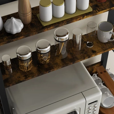 HOMCOM Kitchen Bakers Rack, Microwave Stand, Coffee Bar With Adjustable Shelves, 4 Hooks For Spices, Pots And Pans, Rustic Brown 4 HOMCOM Kitchen Bakers Rack, Microwave Stand, Coffee Bar With Adjustable Shelves, 4 Hooks For Spices, Pots And Pans, Rustic Brown - Image 4