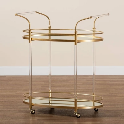 Nakano Metal And Glass 2 Tier Wine Cart Gold/Mirror - Baxton Studio 6 Nakano Metal And Glass 2 Tier Wine Cart Gold/Mirror - Baxton Studio - Image 6